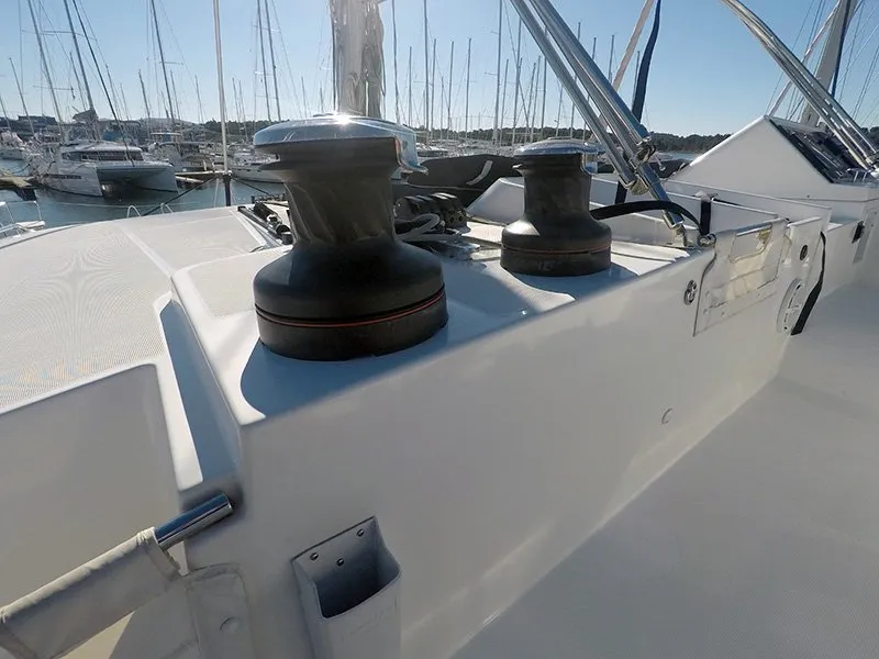 Cockpit of Zuzo II, a Lagoon 450 catamaran at Grad Šibenik, Croatia
