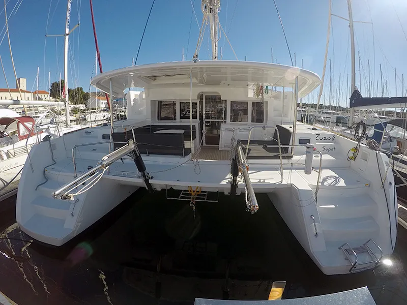 Exterior view of Zuzo II, a Lagoon 450 catamaran at Grad Šibenik, Croatia