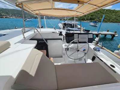 Cockpit of Moonlight, a Fountaine Pajot FP 41 Maesto 3 catamaran at Charlotte Amalie, United States