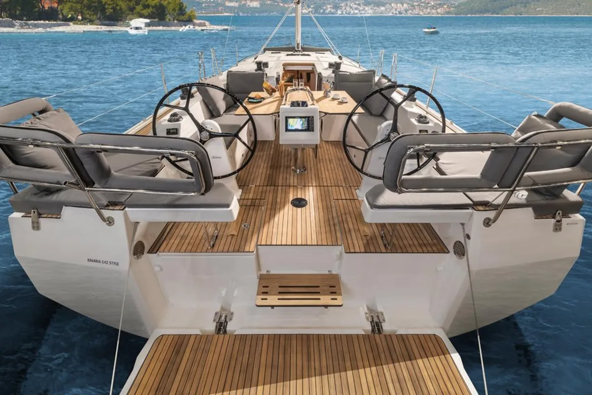Cockpit of Aurora, a Bavaria C42 sailboat at Kontokali, Greece