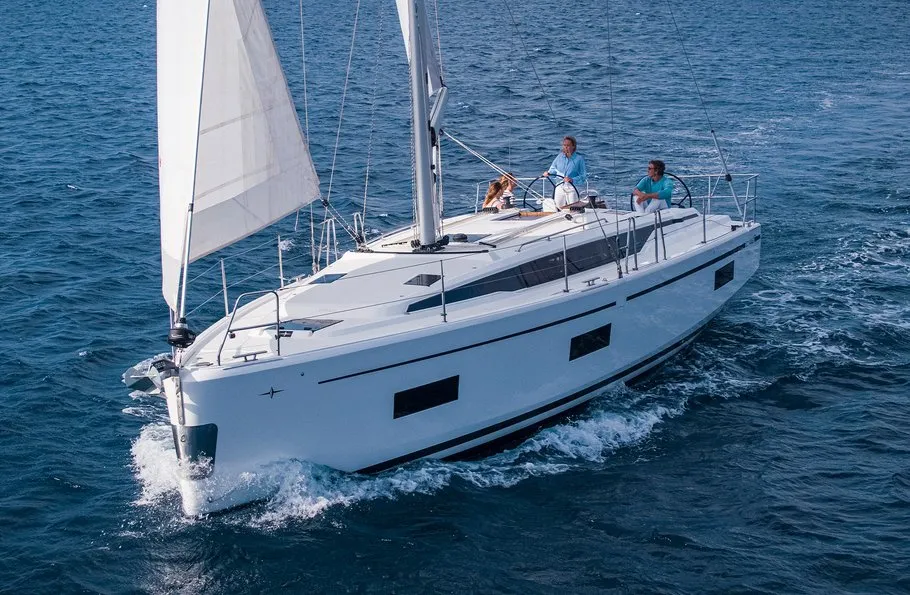 Exterior view of Aurora, a Bavaria C42 sailboat at Kontokali, Greece