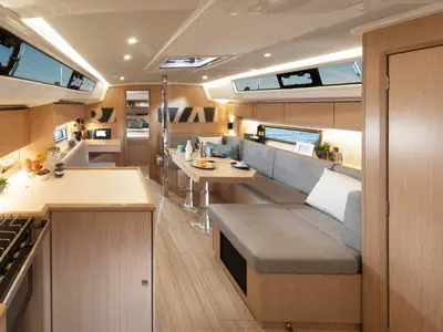 Salon of Aurora, a Bavaria C42 sailboat at Kontokali, Greece