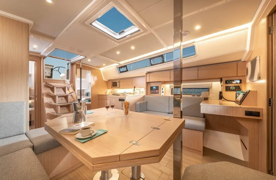 Salon of Aurora, a Bavaria C42 sailboat at Kontokali, Greece