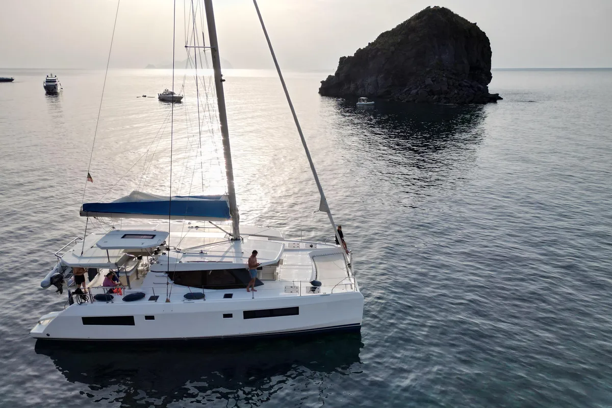 Exterior view of Lady Mara, a Leopard 45 catamaran at Palma de Mallorca, Spain