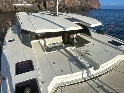 Deck of Lady Mara, a Leopard 45 catamaran at Palma de Mallorca, Spain