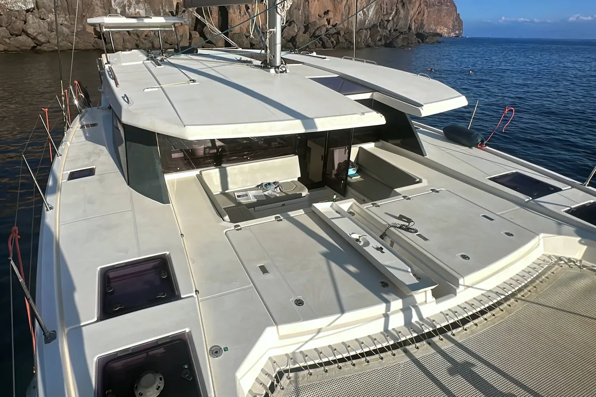 Deck of Lady Mara, a Leopard 45 catamaran at Palma de Mallorca, Spain