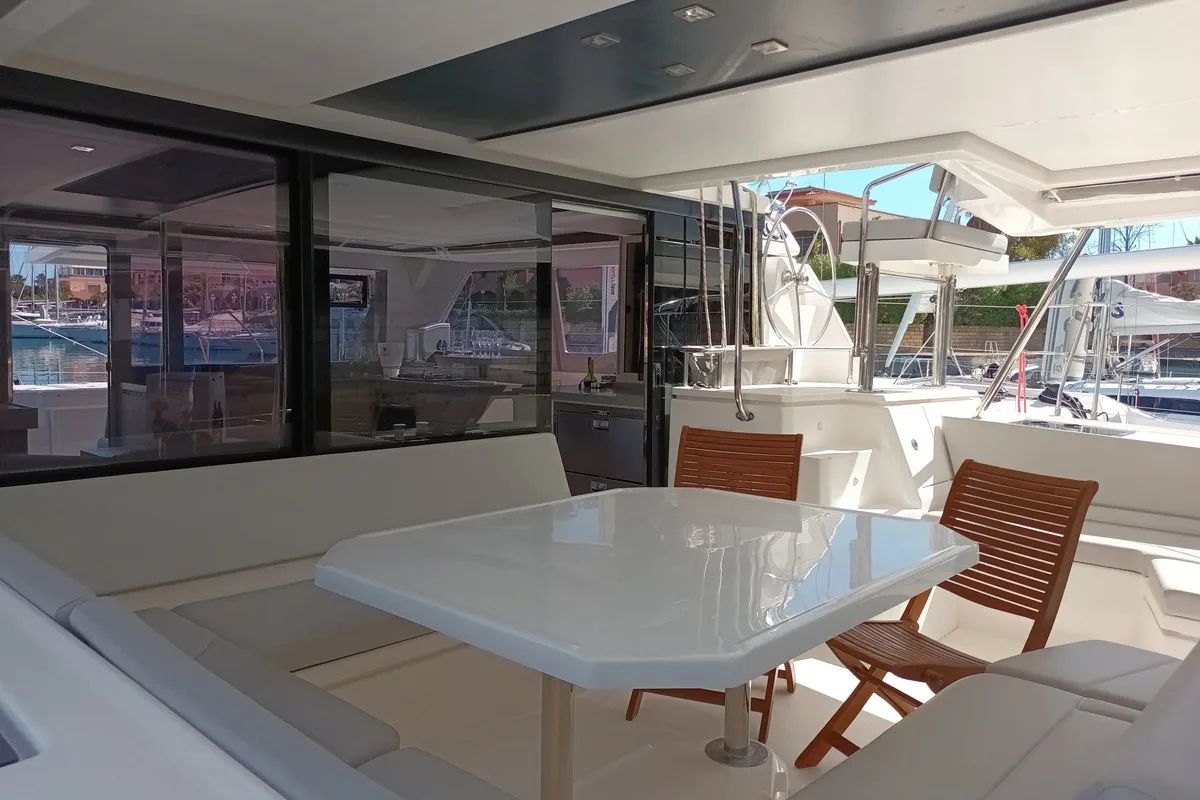 Deck of Lady Mara, a Leopard 45 catamaran at Palma de Mallorca, Spain