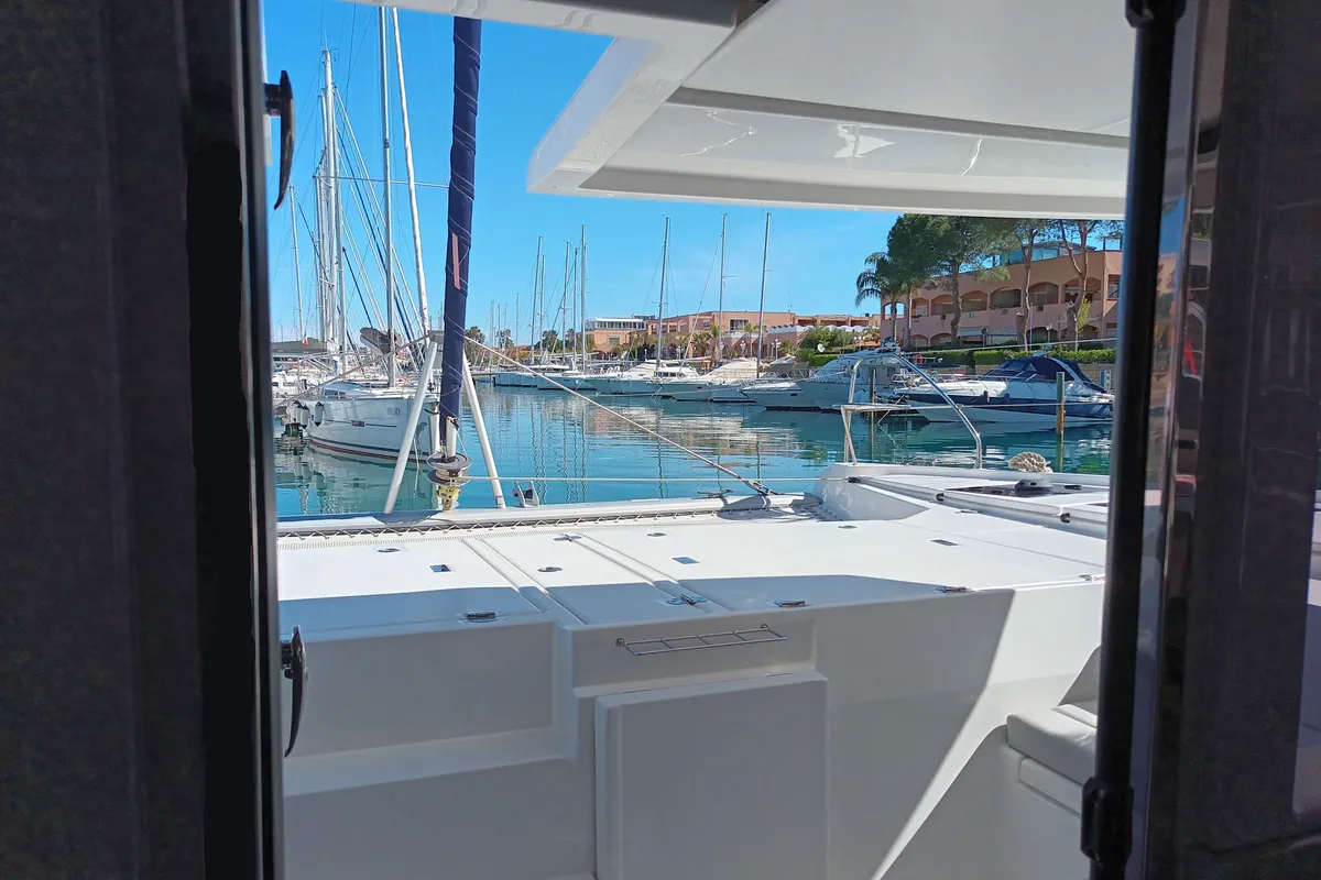 Deck of Lady Mara, a Leopard 45 catamaran at Palma de Mallorca, Spain