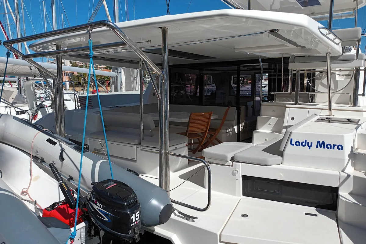 Deck of Lady Mara, a Leopard 45 catamaran at Palma de Mallorca, Spain