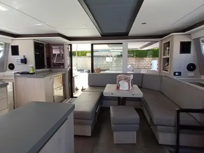Salon of Lady Mara, a Leopard 45 catamaran at Palma de Mallorca, Spain