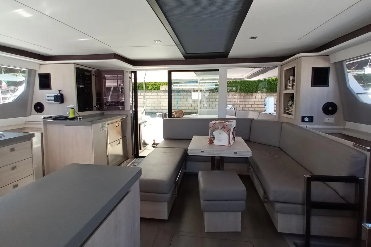 Salon of Lady Mara, a Leopard 45 catamaran at Palma de Mallorca, Spain