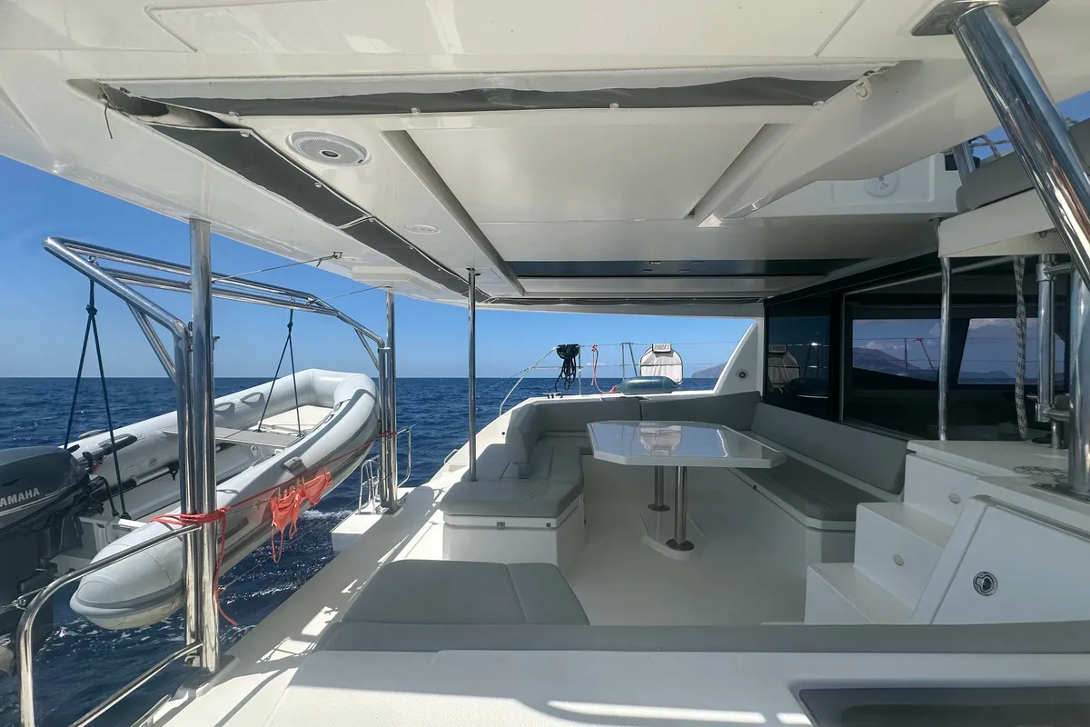 Deck of Lady Mara, a Leopard 45 catamaran at Palma de Mallorca, Spain