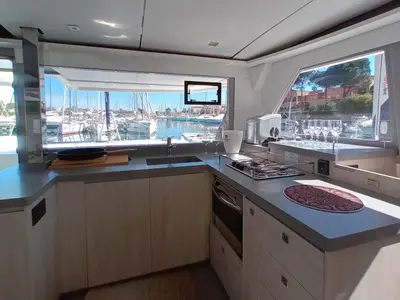 Galley of Lady Mara, a Leopard 45 catamaran at Palma de Mallorca, Spain
