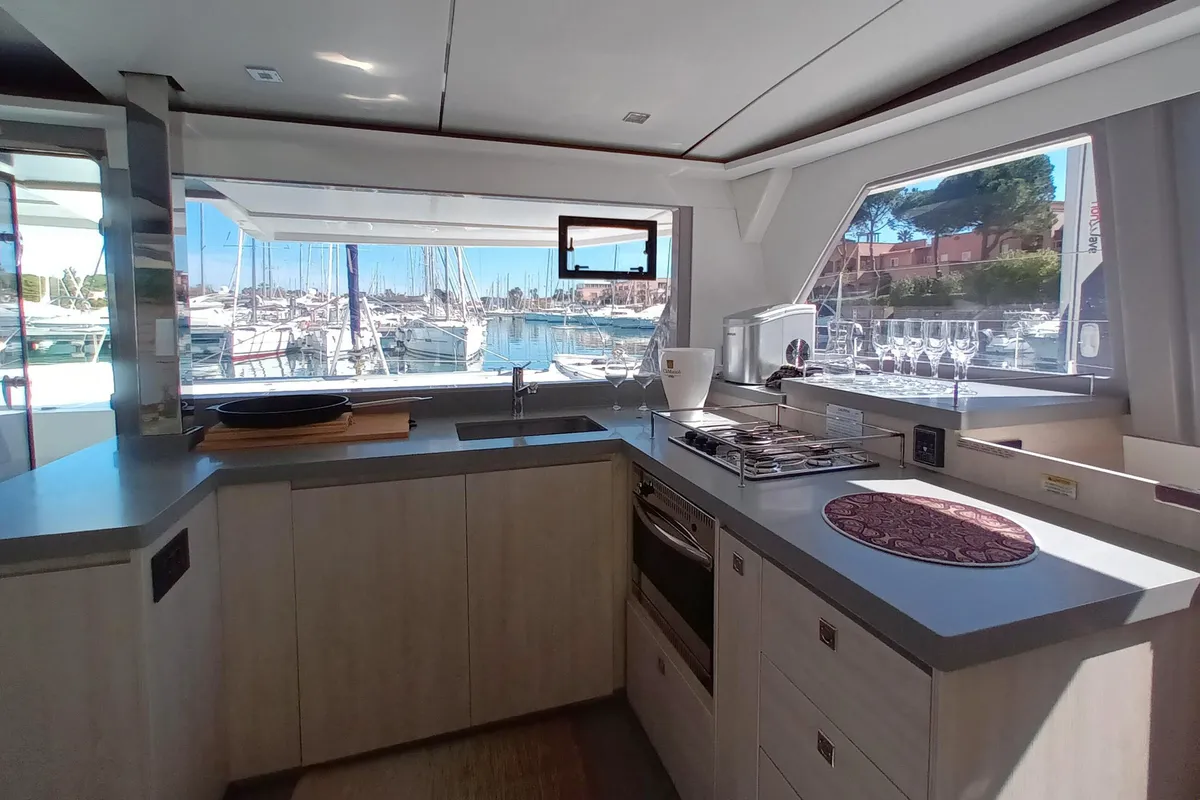 Galley of Lady Mara, a Leopard 45 catamaran at Palma de Mallorca, Spain