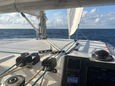 Cockpit of Lady Mara, a Leopard 45 catamaran at Palma de Mallorca, Spain