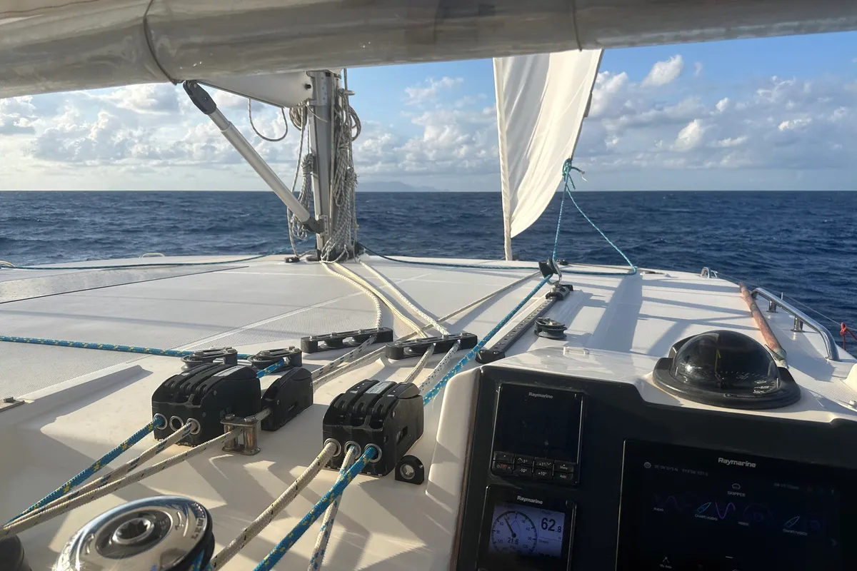 Cockpit of Lady Mara, a Leopard 45 catamaran at Palma de Mallorca, Spain