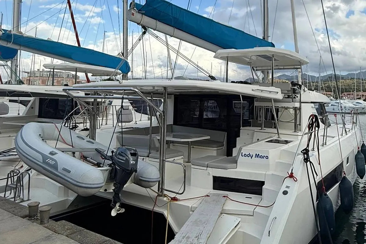 Exterior view of Lady Mara, a Leopard 45 catamaran at Palma de Mallorca, Spain
