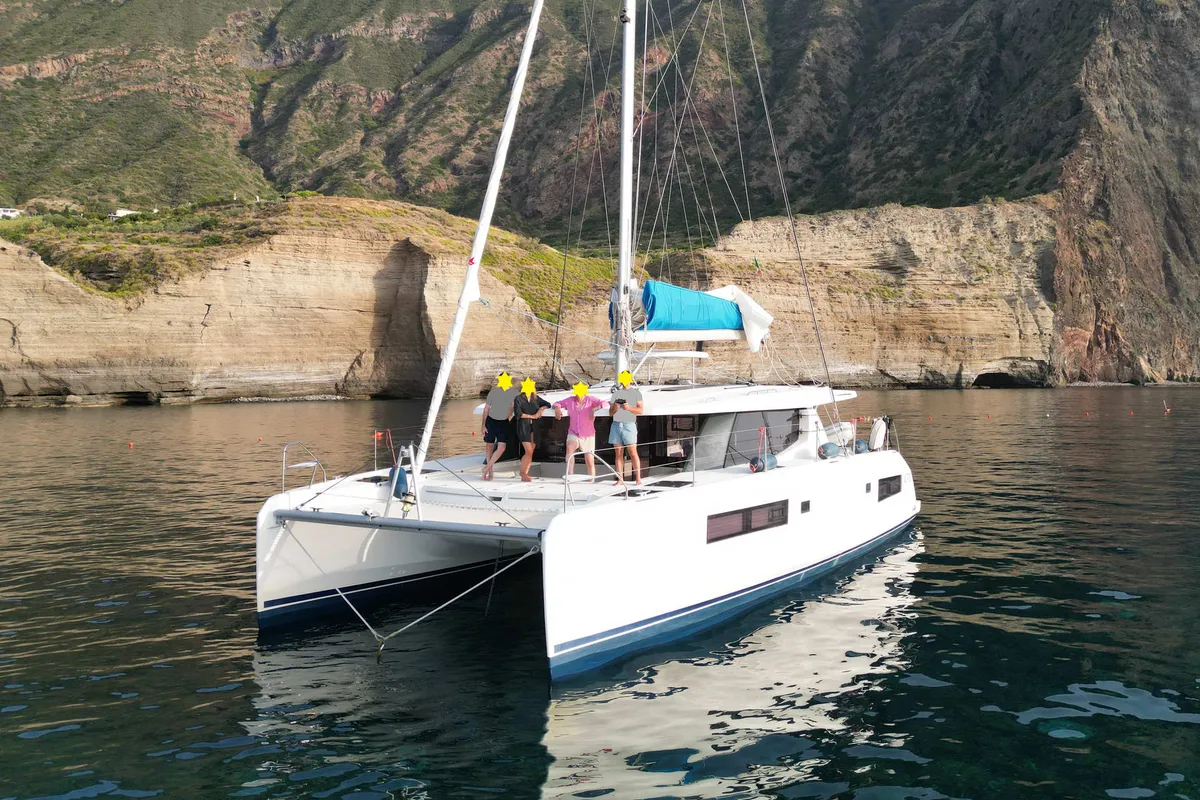 Exterior view of Lady Mara, a Leopard 45 catamaran at Palma de Mallorca, Spain