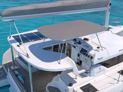 Cockpit of Moana, a Lagoon 38 catamaran at Jezera, Croatia