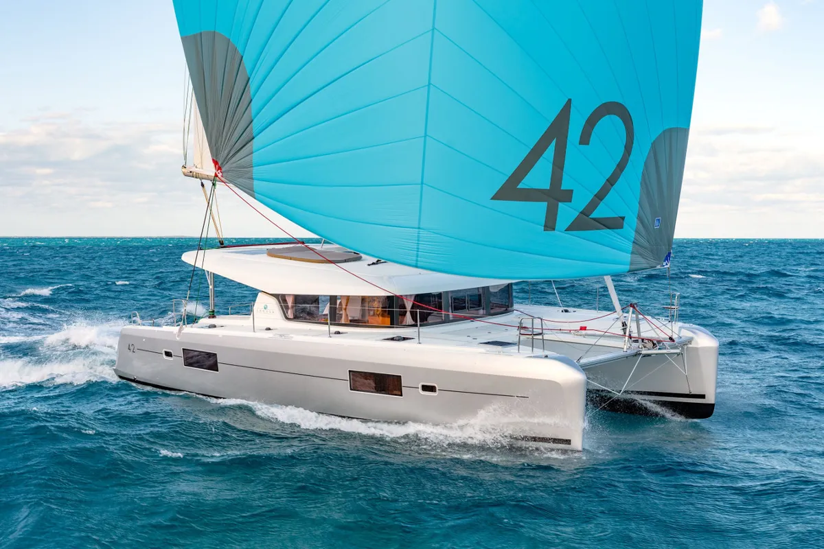 Exterior view of Take It Easy 2, a Lagoon 42 catamaran at Bonifacio / Bunifaziu, France