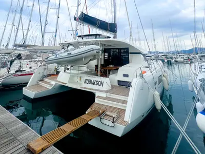 Deck of Kobukson, a Lagoon 42 catamaran at Grad Kaštela, Croatia