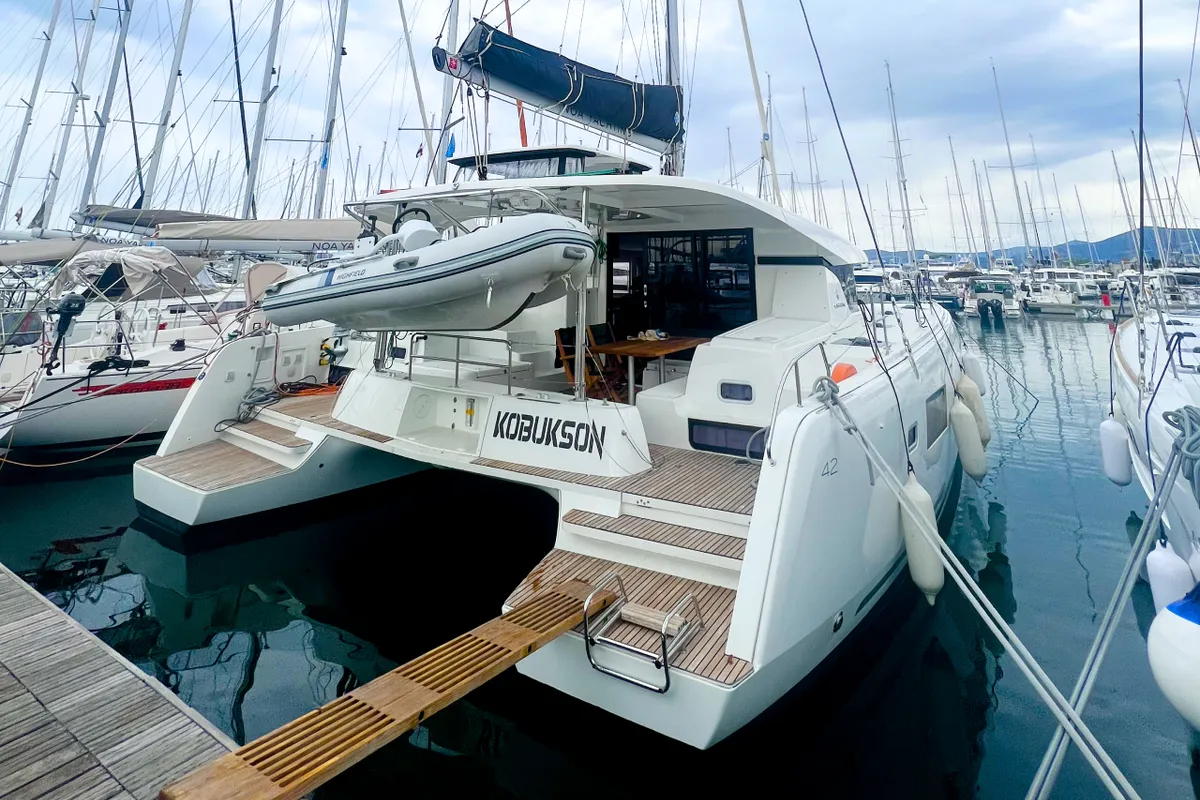 Deck of Kobukson, a Lagoon 42 catamaran at Grad Kaštela, Croatia