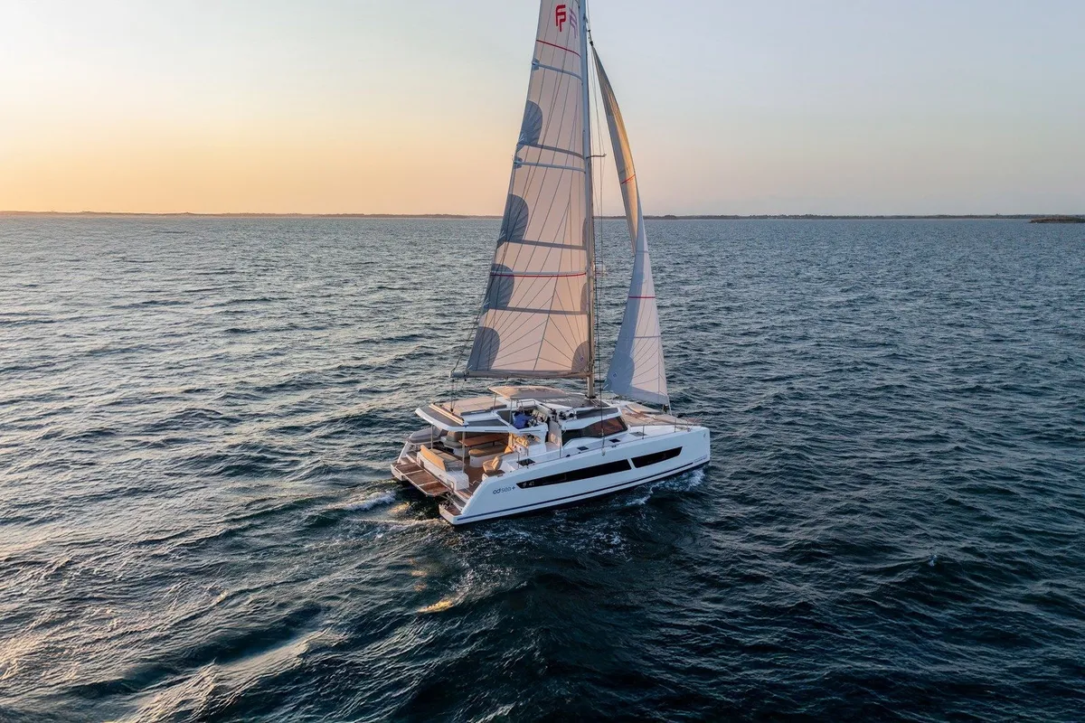 Olympos, a Fountaine Pajot FP 41 Quatuor 4 catamaran at Lavreotiki Municipal Unit, Greece