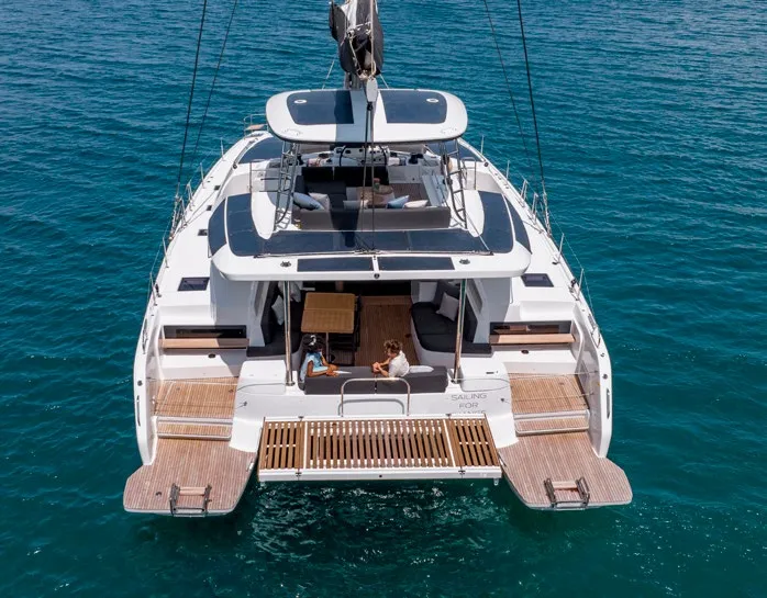 Exterior view of Babalu, a Lagoon 51 catamaran at Athens, Greece