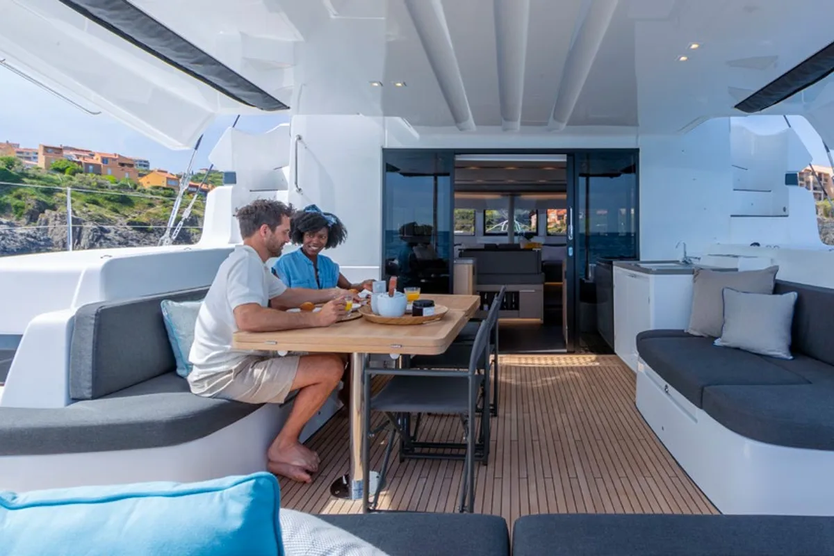 Deck of Babalu, a Lagoon 51 catamaran at Athens, Greece