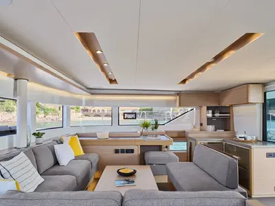 Salon of Babalu, a Lagoon 51 catamaran at Athens, Greece
