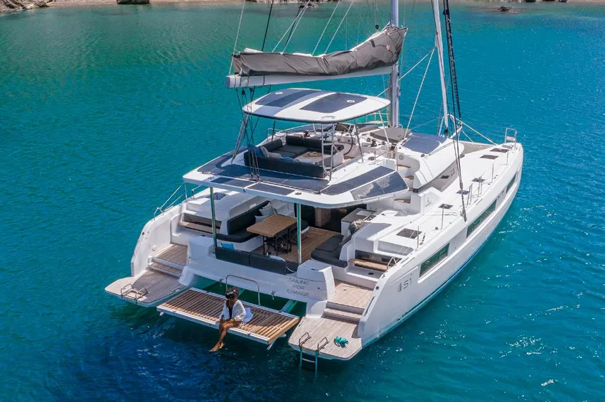 Exterior view of Babalu, a Lagoon 51 catamaran at Athens, Greece