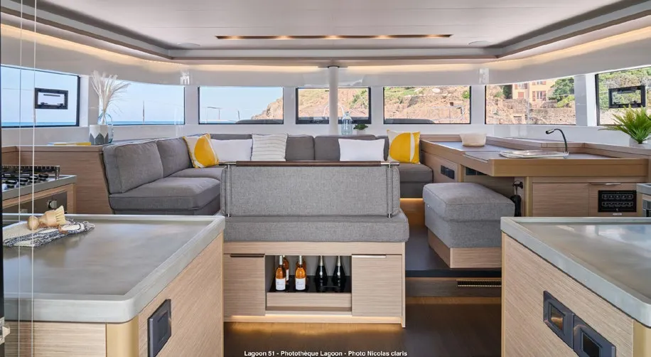 Salon of Babalu, a Lagoon 51 catamaran at Athens, Greece
