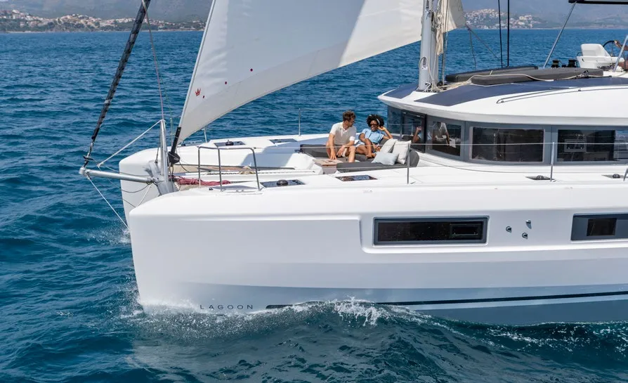 Exterior view of Babalu, a Lagoon 51 catamaran at Athens, Greece