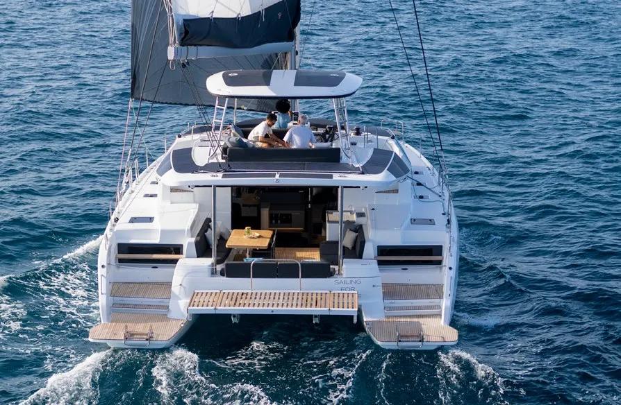 Exterior view of Babalu, a Lagoon 51 catamaran at Athens, Greece