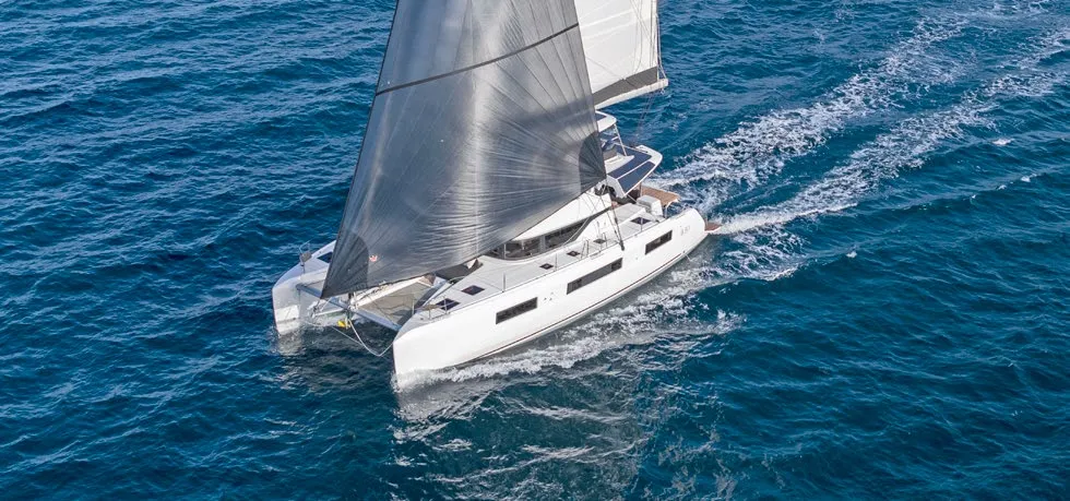 Exterior view of Babalu, a Lagoon 51 catamaran at Athens, Greece