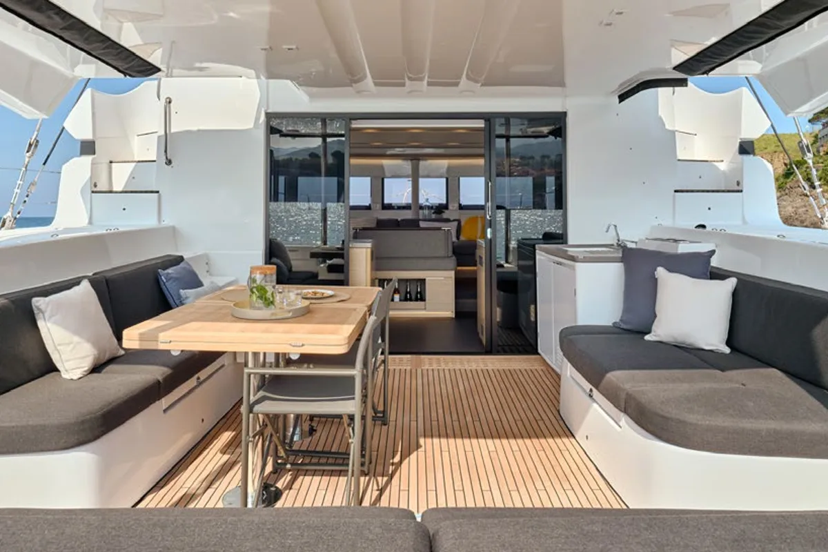 Deck of Babalu, a Lagoon 51 catamaran at Athens, Greece