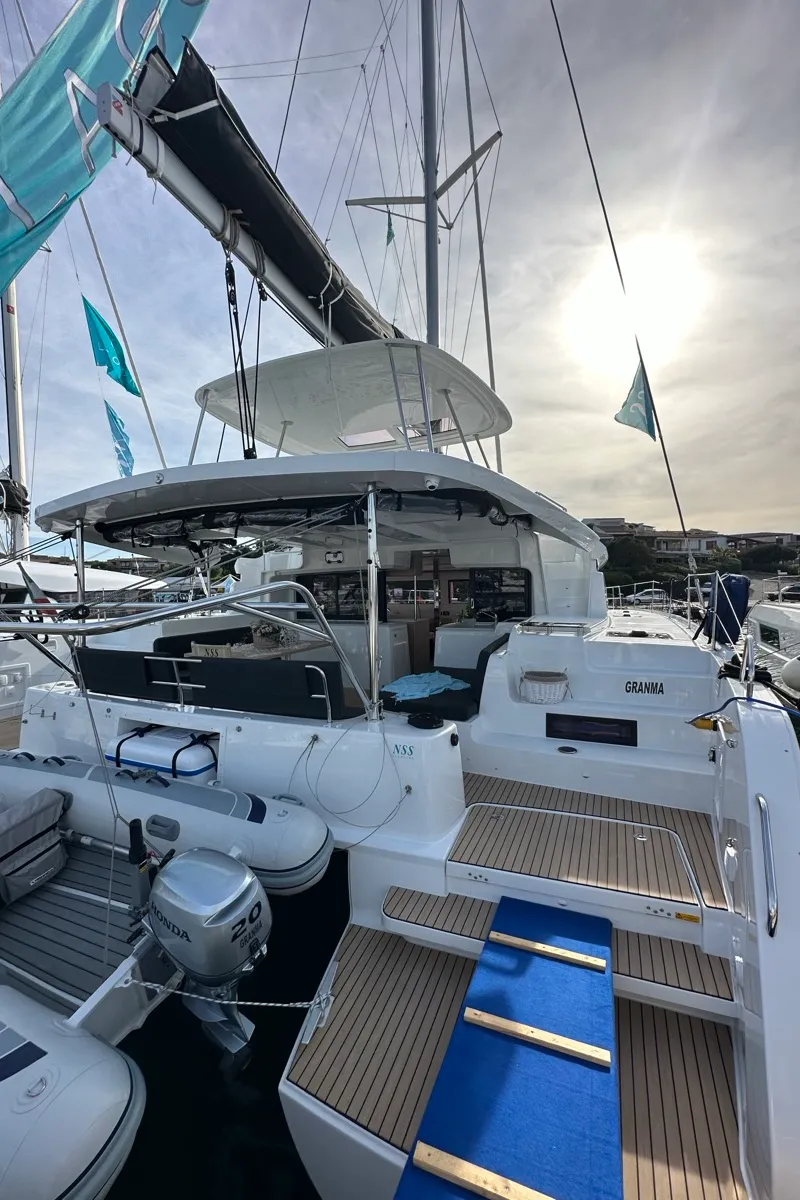 Exterior view of Granma, a Lagoon 46 catamaran at Olbia, Italy