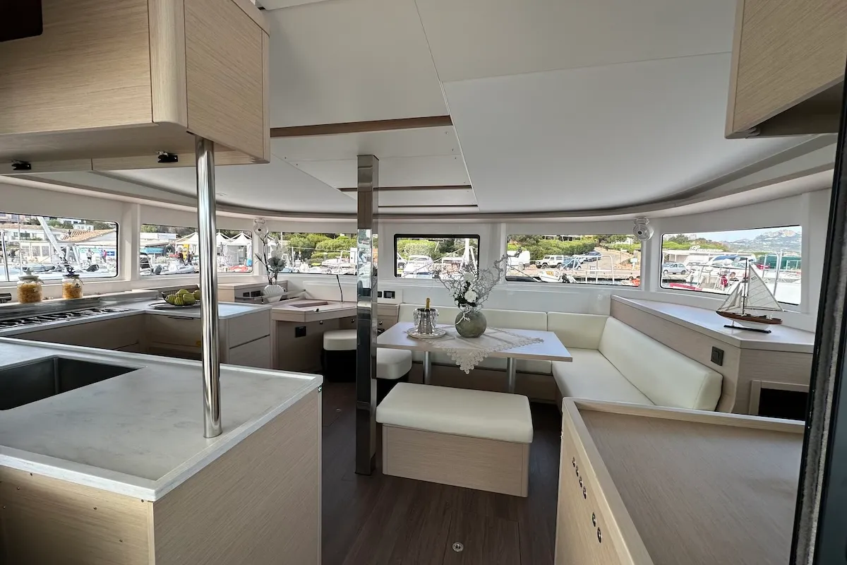 Salon of Granma, a Lagoon 46 catamaran at Olbia, Italy