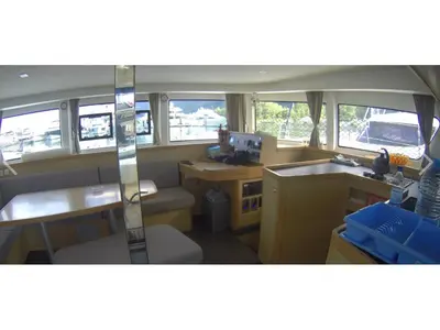 Salon of Alphonse, a Lagoon 42 catamaran at Roche Caiman, Seychelles