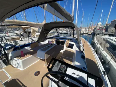 Deck of Margaux, a Dufour 37 sailboat at Marseille, France