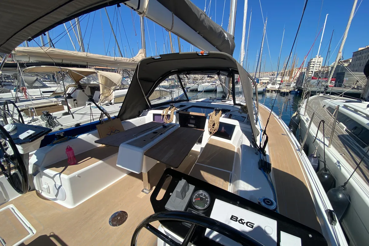 Deck of Margaux, a Dufour 37 sailboat at Marseille, France