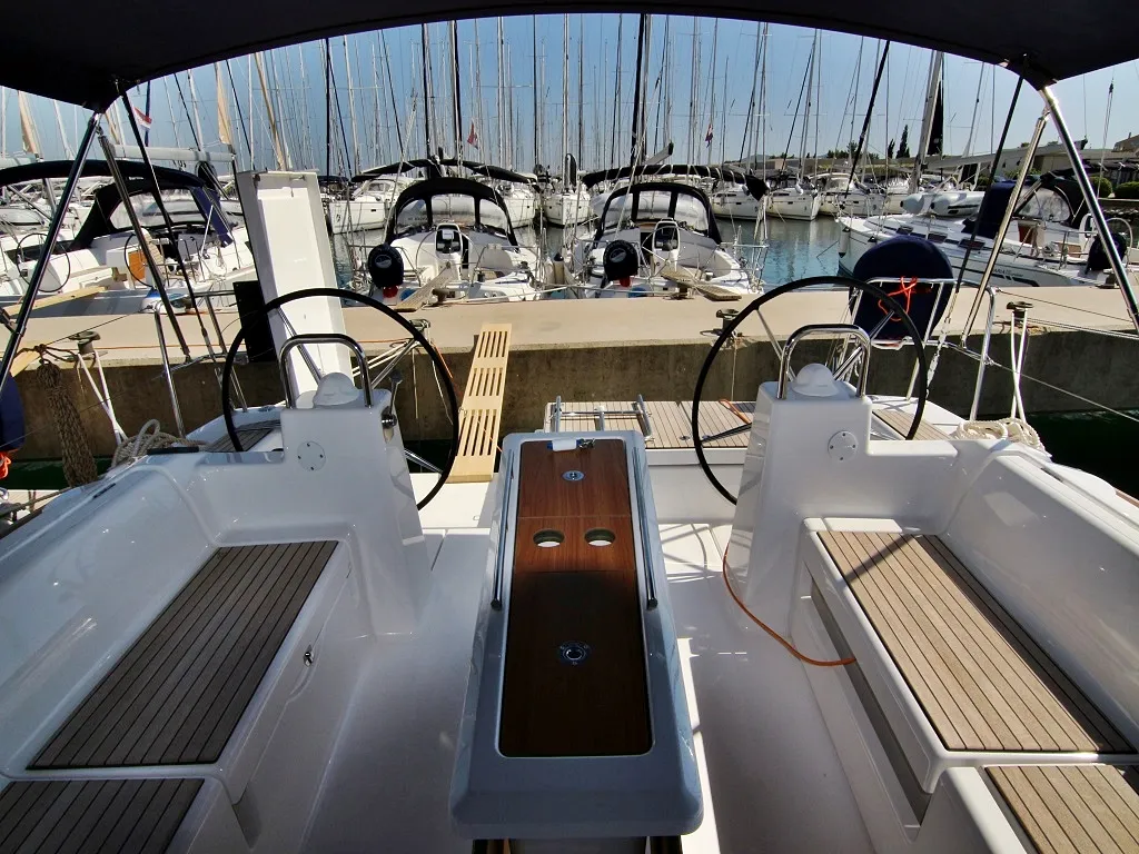 Cockpit of Lola, a Dufour 460 GL sailboat at Sukošan, Croatia