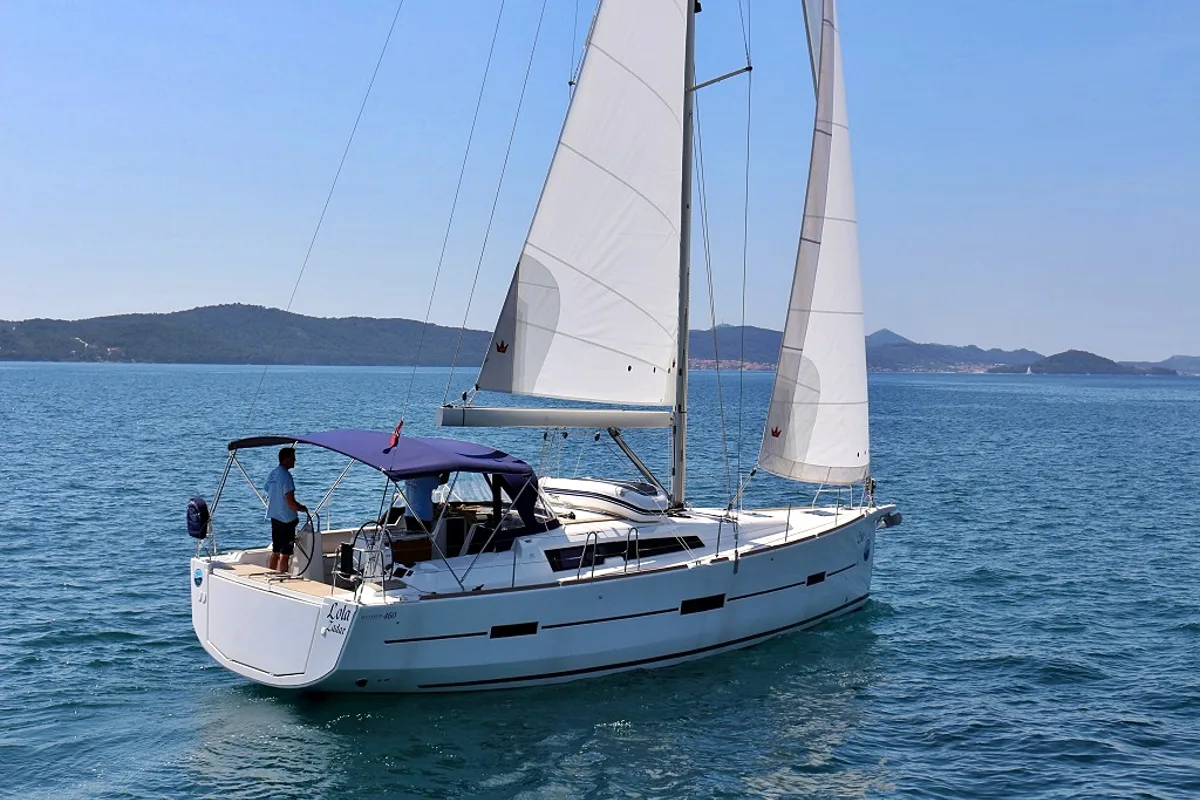 Exterior view of Lola, a Dufour 460 GL sailboat at Sukošan, Croatia