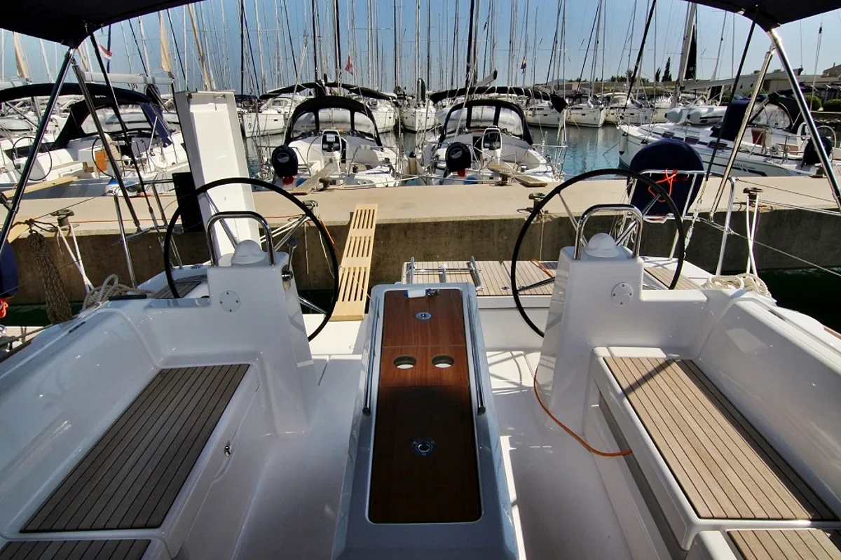 Cockpit of Lola, a Dufour 460 GL sailboat at Sukošan, Croatia