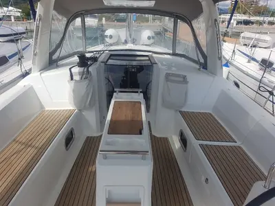 Cockpit of Matilde, a Beneteau Oceanis 38.1 sailboat at Puntone di Scarlino, Italy