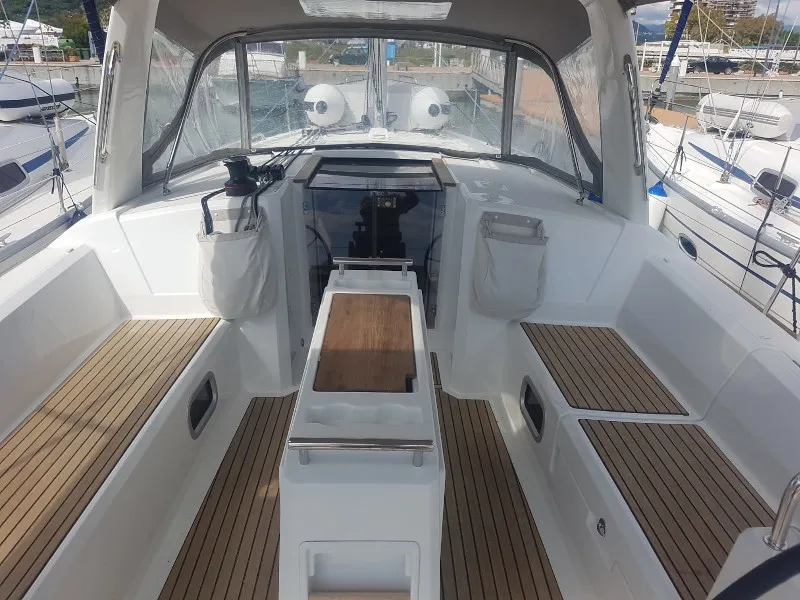 Cockpit of Matilde, a Beneteau Oceanis 38.1 sailboat at Puntone di Scarlino, Italy