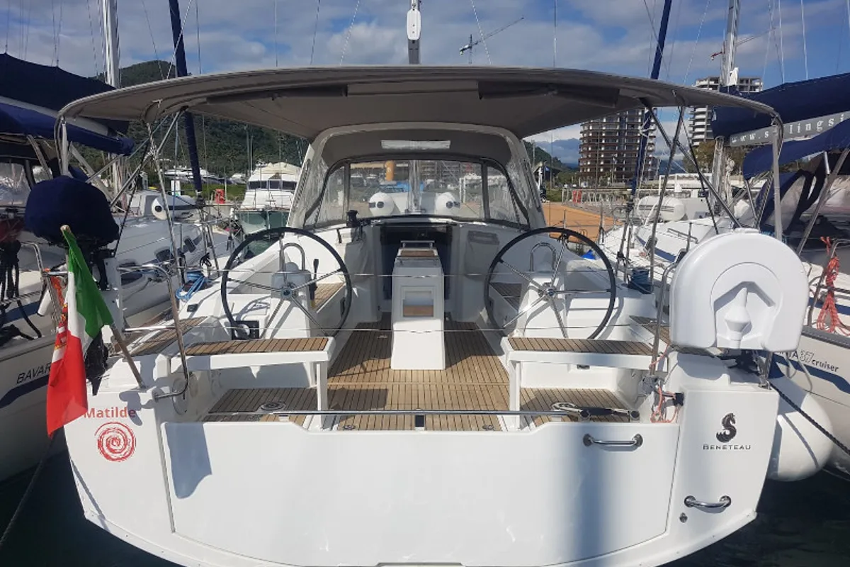 Exterior view of Matilde, a Beneteau Oceanis 38.1 sailboat at Puntone di Scarlino, Italy