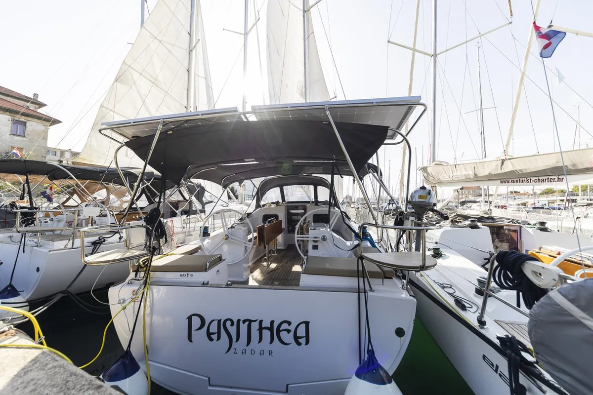 Exterior view of Pasithea, a Elan Impression 45.1 sailboat at Zadar, Croatia