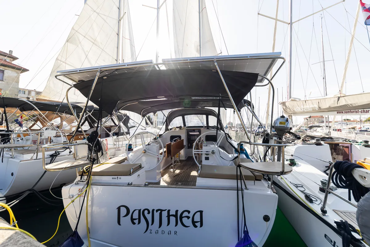 Exterior view of Pasithea, a Elan Impression 45.1 sailboat at Zadar, Croatia