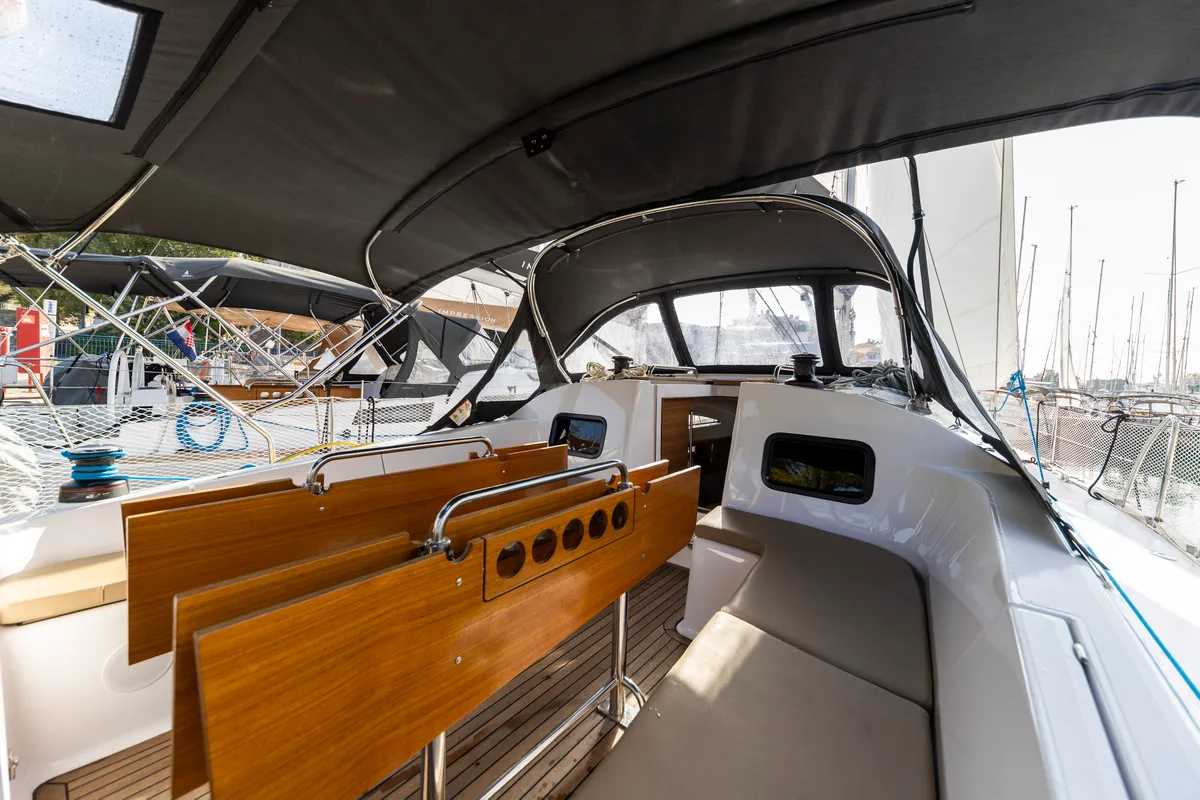 Deck of Pasithea, a Elan Impression 45.1 sailboat at Zadar, Croatia
